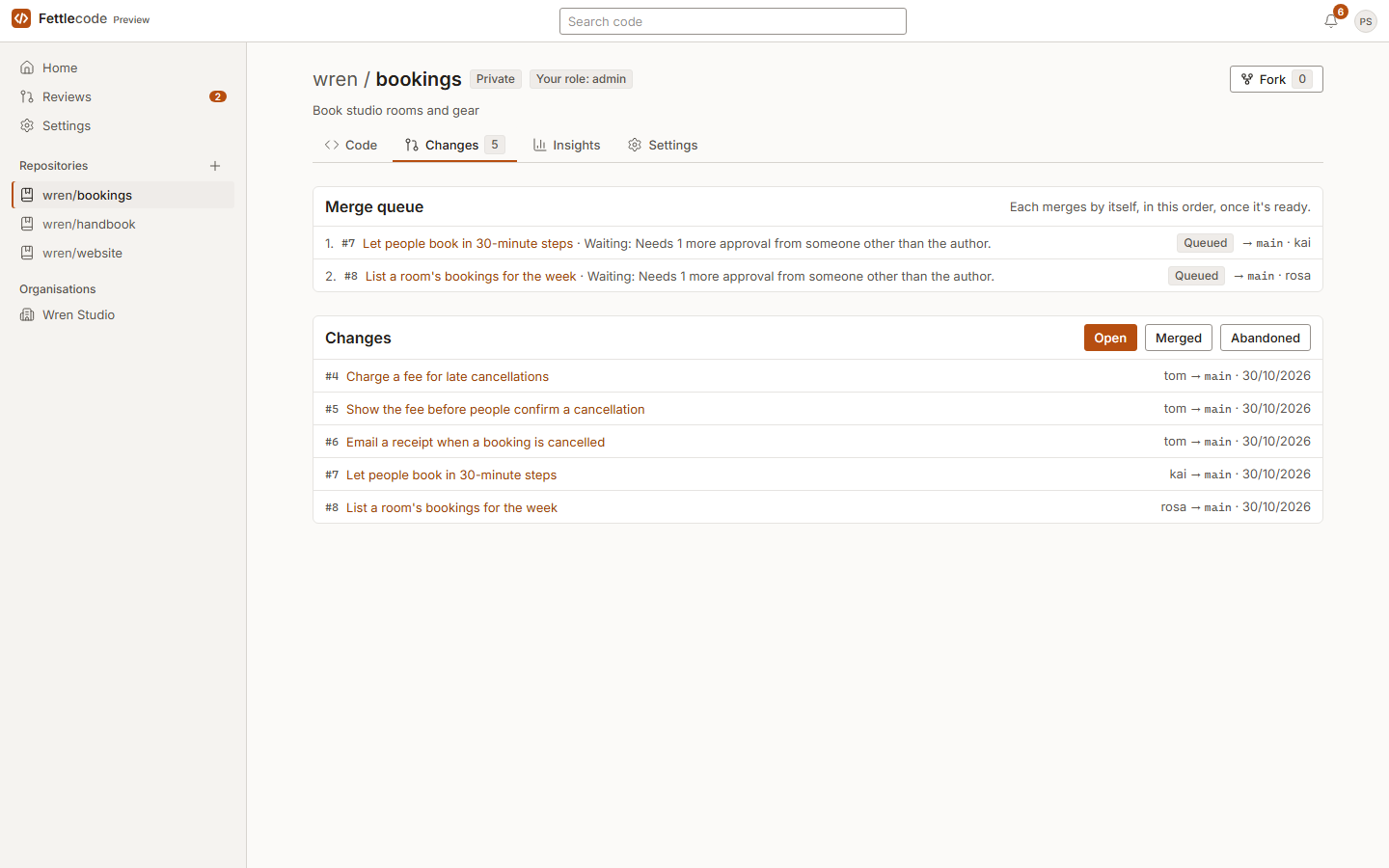 The Changes tab: two changes in the merge queue, each waiting for one more approval, above the list of open changes.