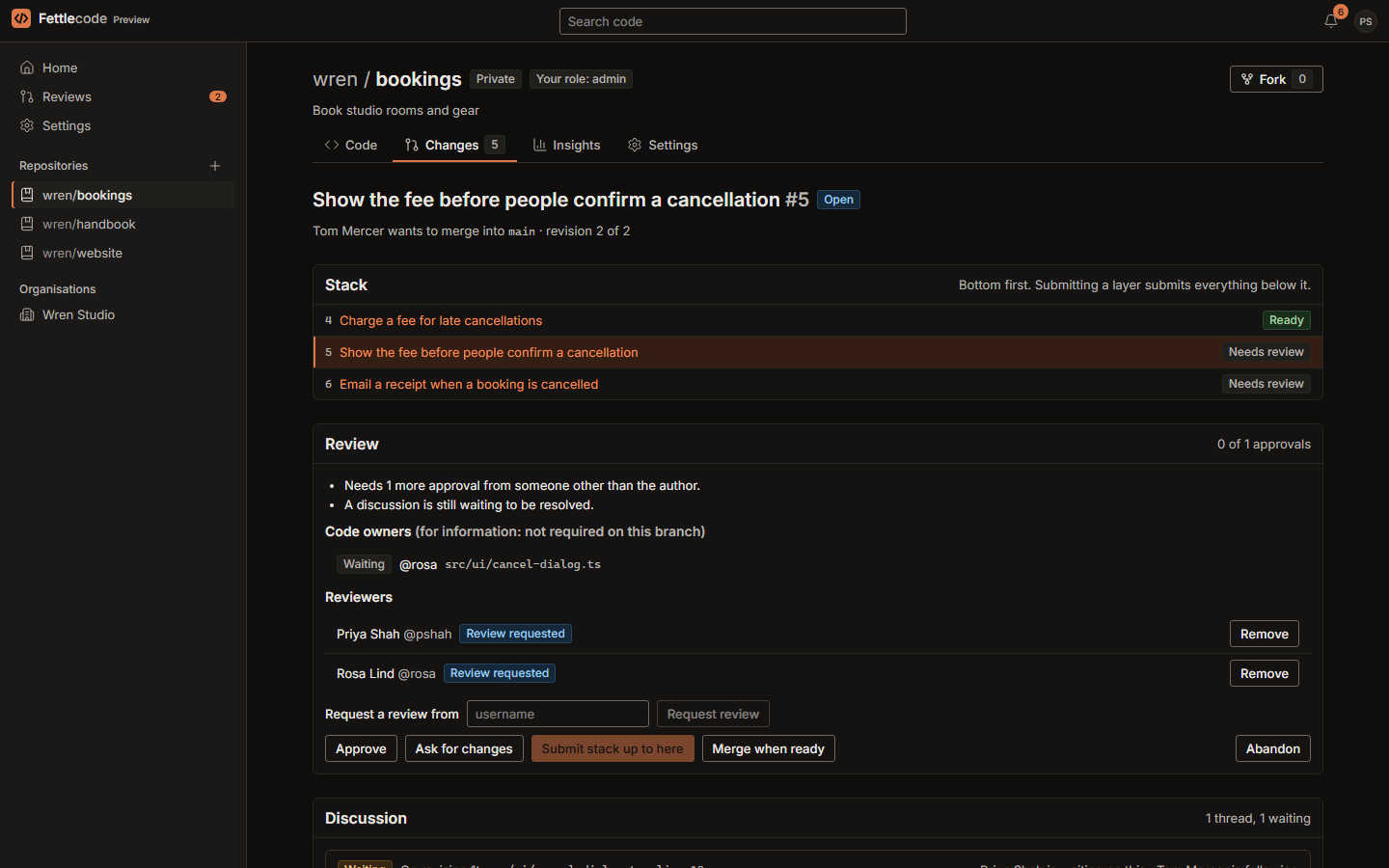 The same change and its stack in the dark theme.