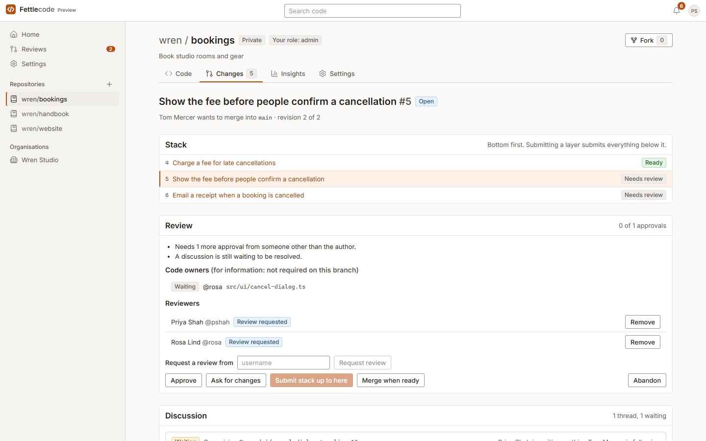 The top of a change: its stack of three changes, the bottom one ready, and the review panel saying it needs one more approval and a discussion is waiting, with code owners and requested reviewers.